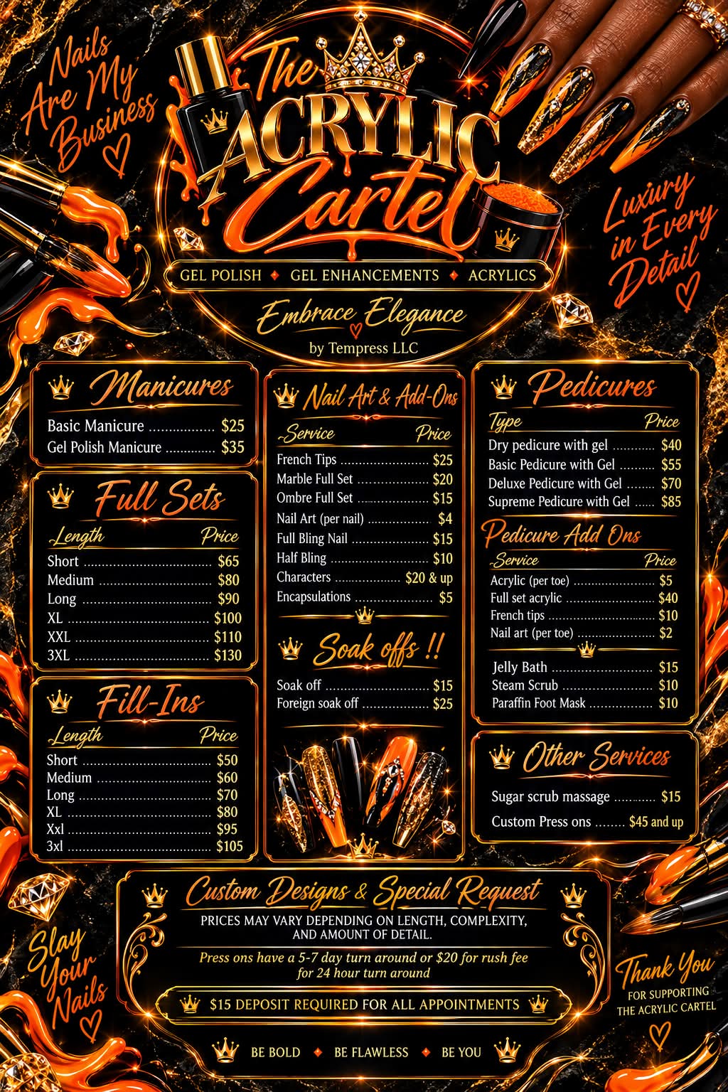 The Acrylic Cartel service menu
